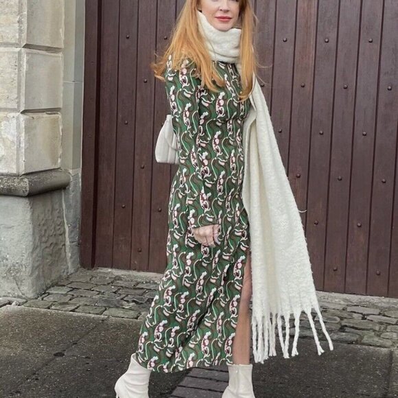 Zara Blogger Fave Paisly Print Green Brown Midi Dress Sz S - Picture 11 of 11